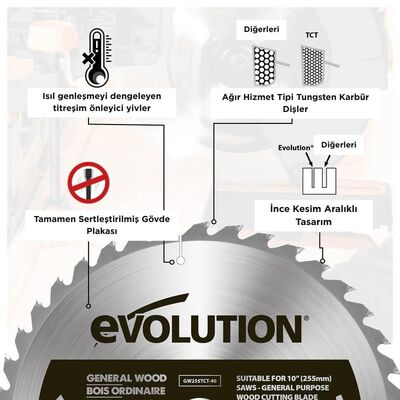 Evolution GW255TCT-40 Ahşap Daire Testere Bıçağı, 255mm